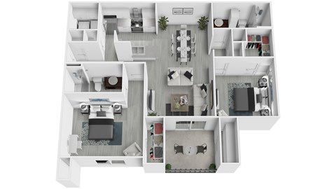 A white floor plan of a house with a kitchen, living room, and two bedrooms.
